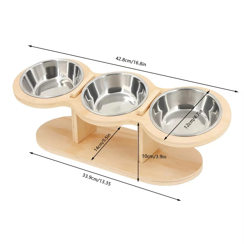 Raised Cat Feeder With Three Stainless Steel Bowls And Silicone Mat
