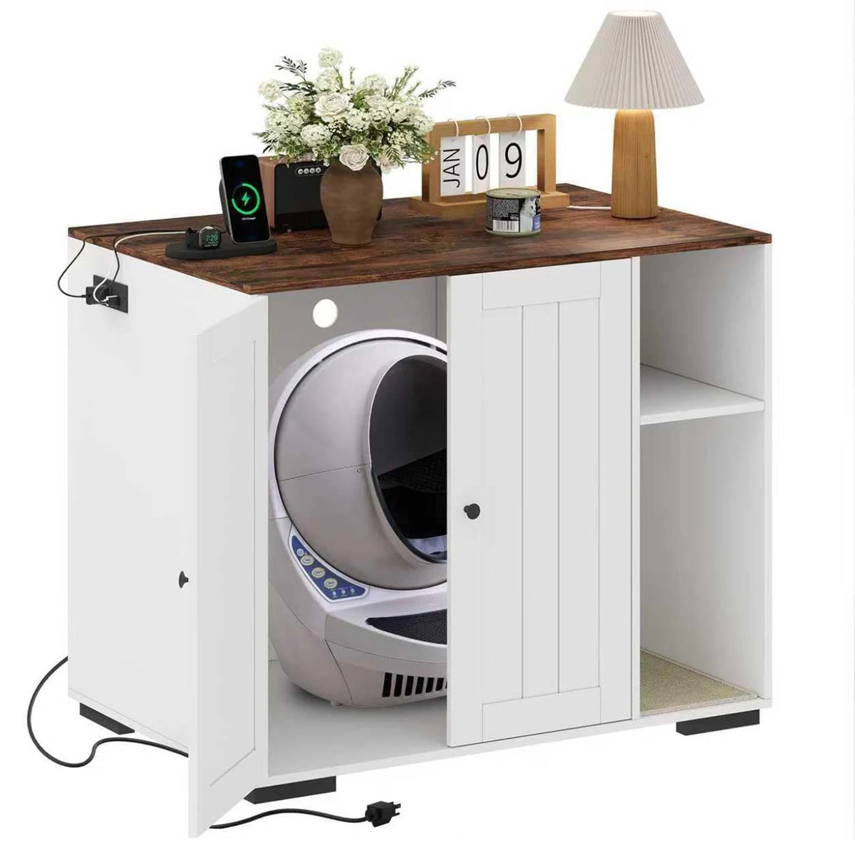 HiMiss Cat Litter Enclosure With Integrated Power Outlet Shelf