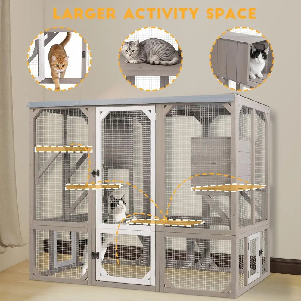 Weatherproof Outdoor Cat Catio With Elevated Platforms And Cozy Shelter