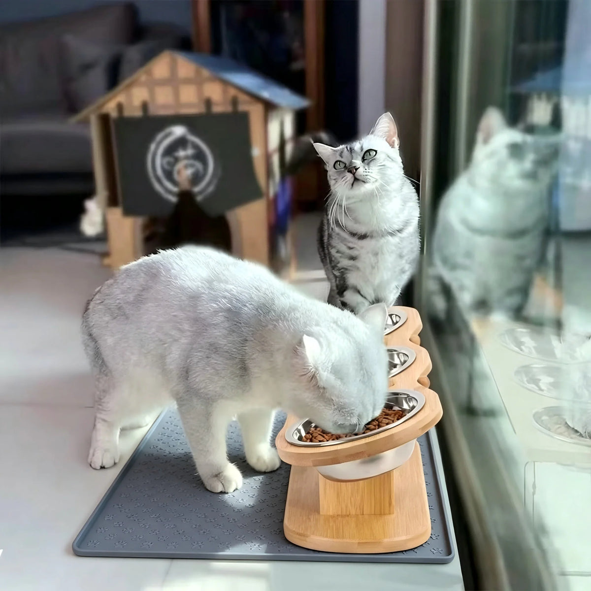 Raised Cat Feeder With Three Stainless Steel Bowls And Silicone Mat