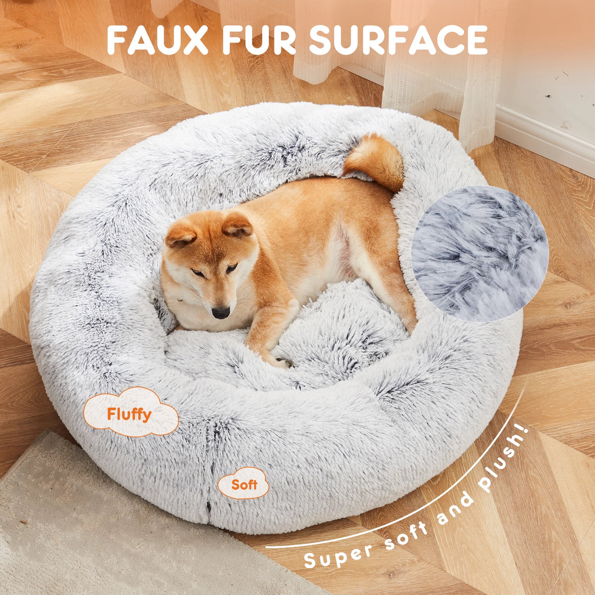 JHK Round Plush Faux Fur Calming Soft Washable Dog Bed