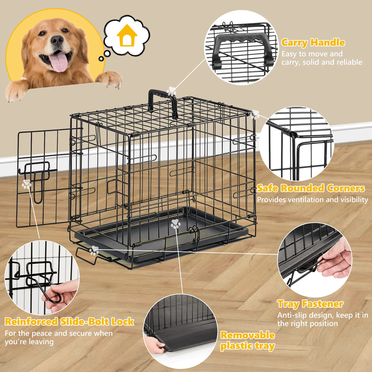 JHK Metal Dog Crate With Foldable Design And Removable Tray