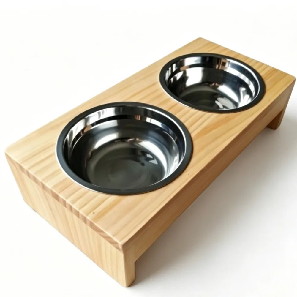 Wooden Elevated Dog Feeder With Dual Stainless Steel Bowls