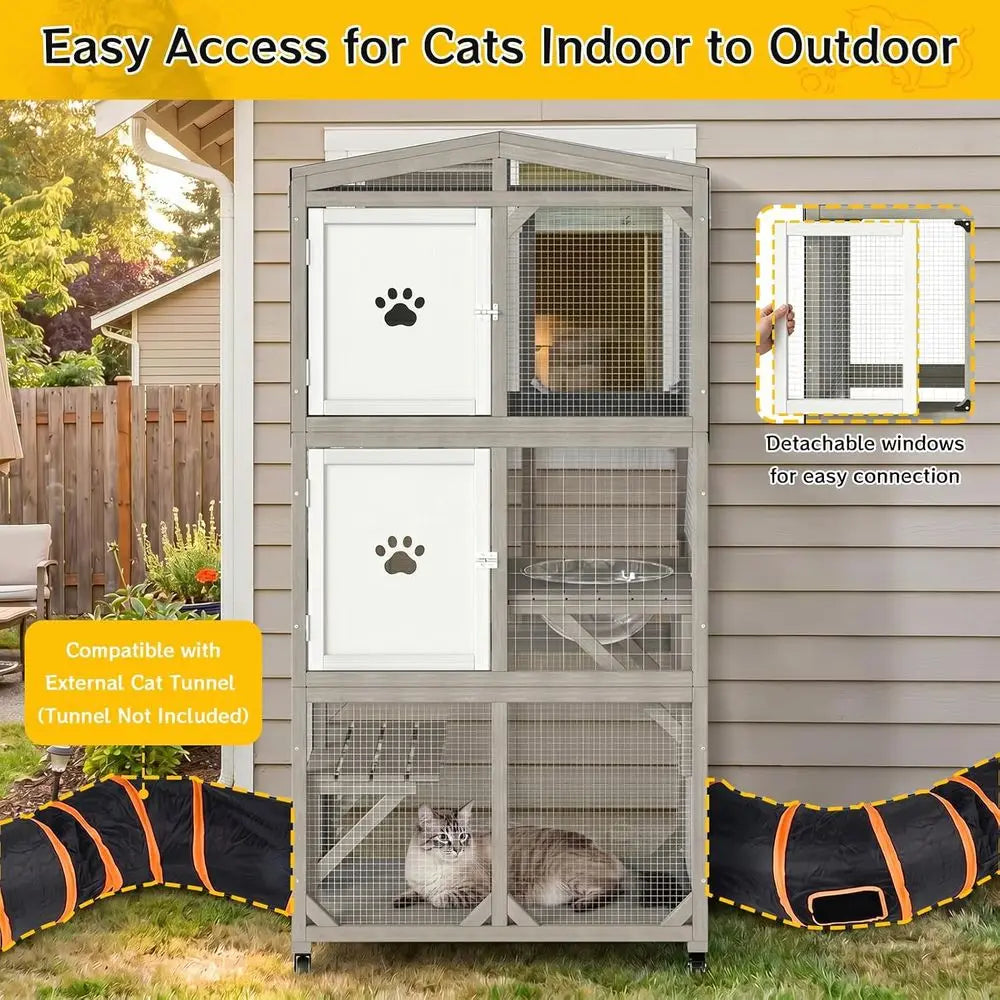 Weather Resistant Outdoor Catio For Cats With Clear Window Panels