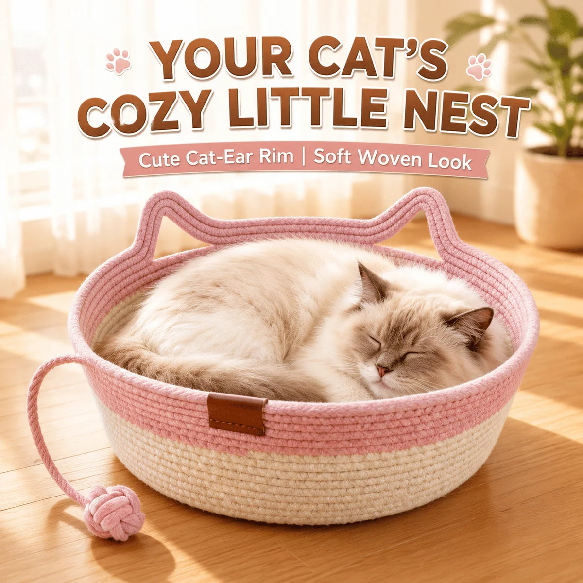 Cotton Rope Cat Bed With Hanging Toy And Washable Nest