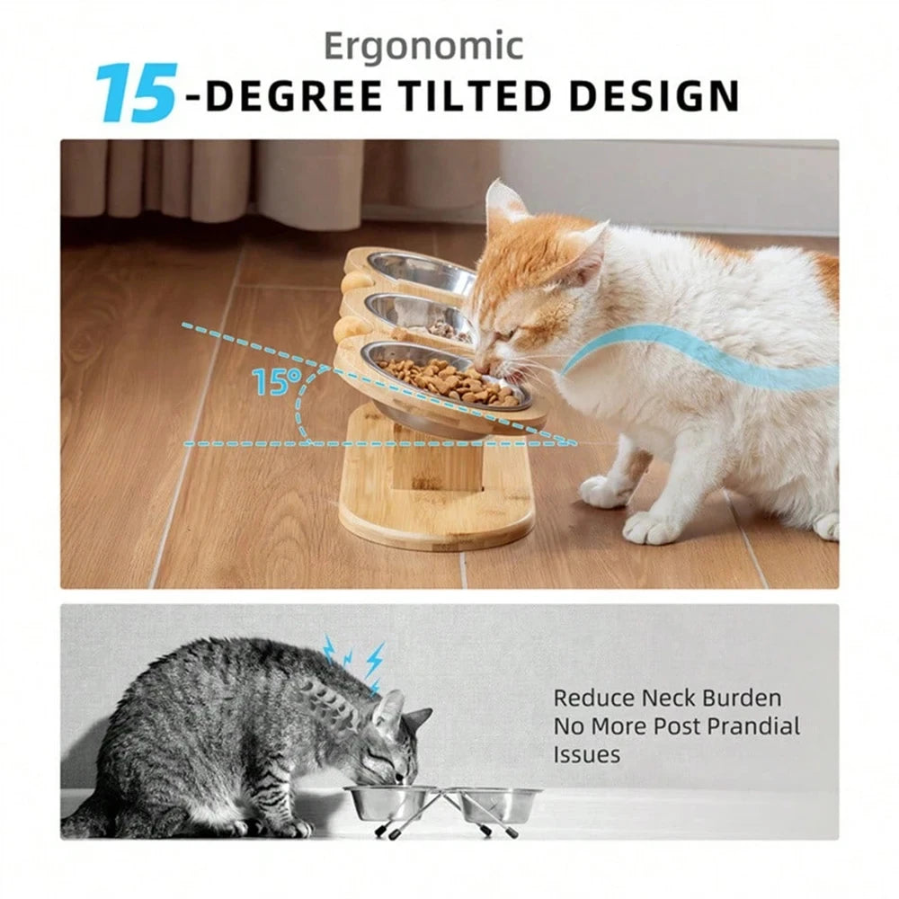 Raised Cat Feeder With Three Stainless Steel Bowls And Silicone Mat
