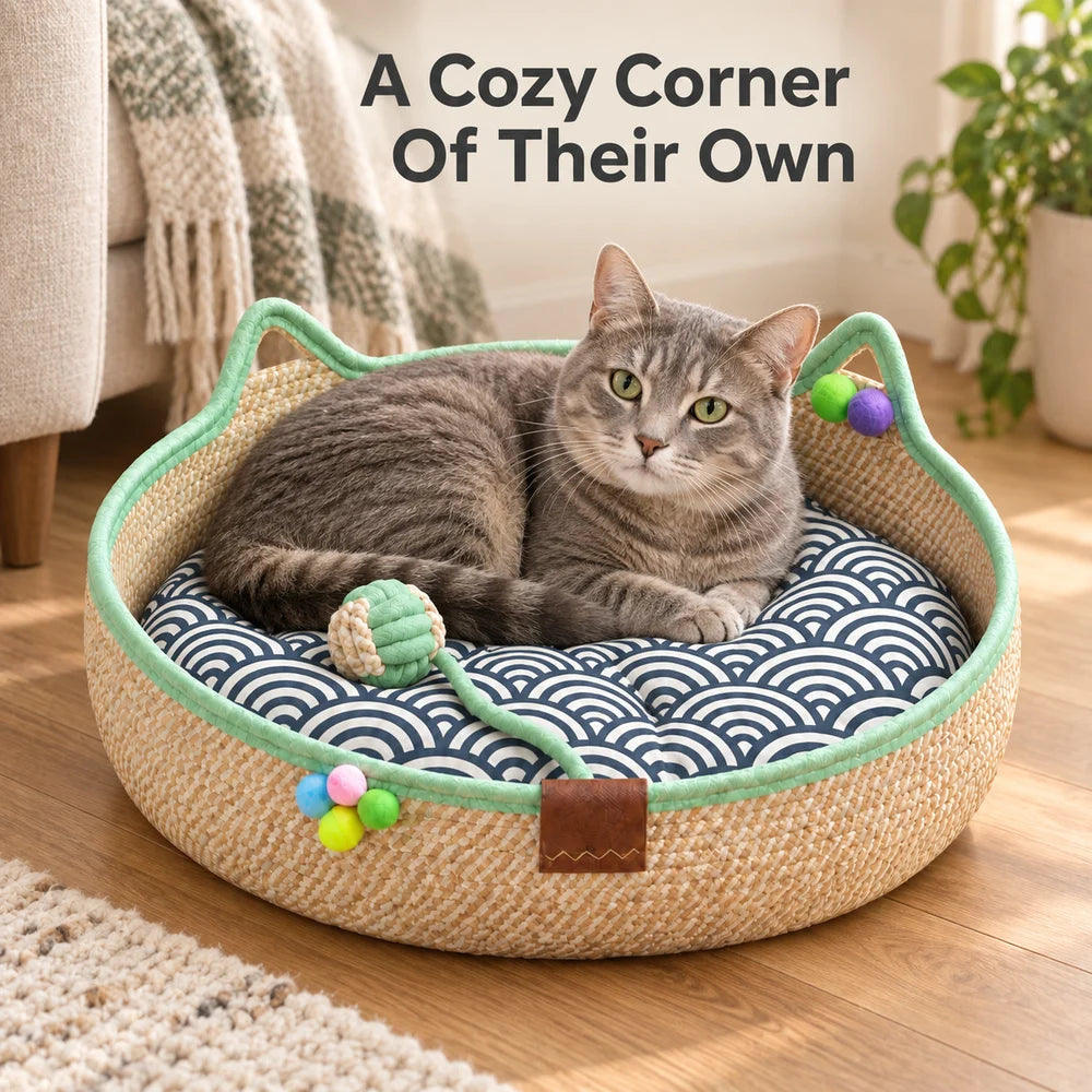 Woven Cat Bed With Cozy Ear Design For Indoor Cats