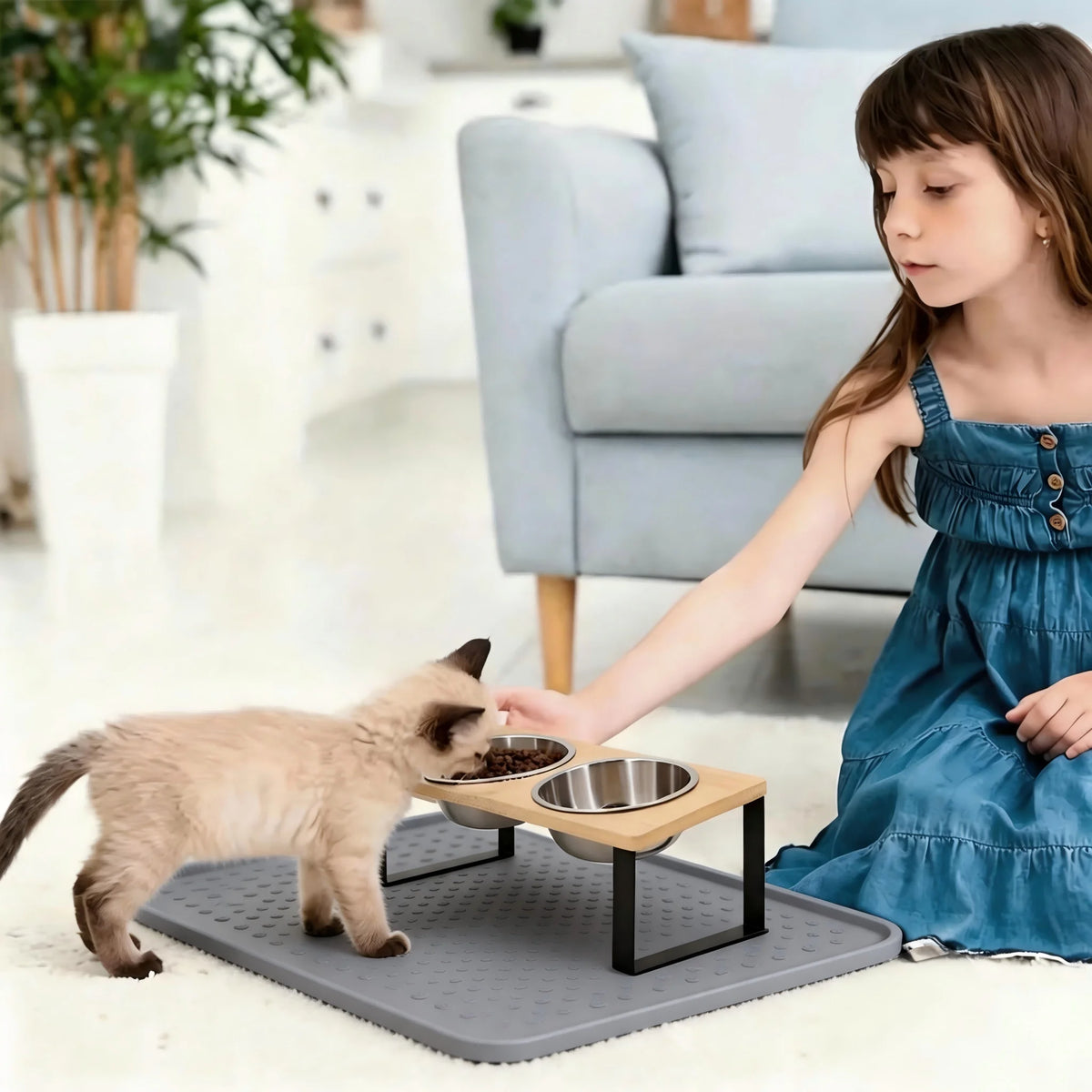 Elevated Tilted Cat Bowl Wooden Stand Stainless Steel Basin