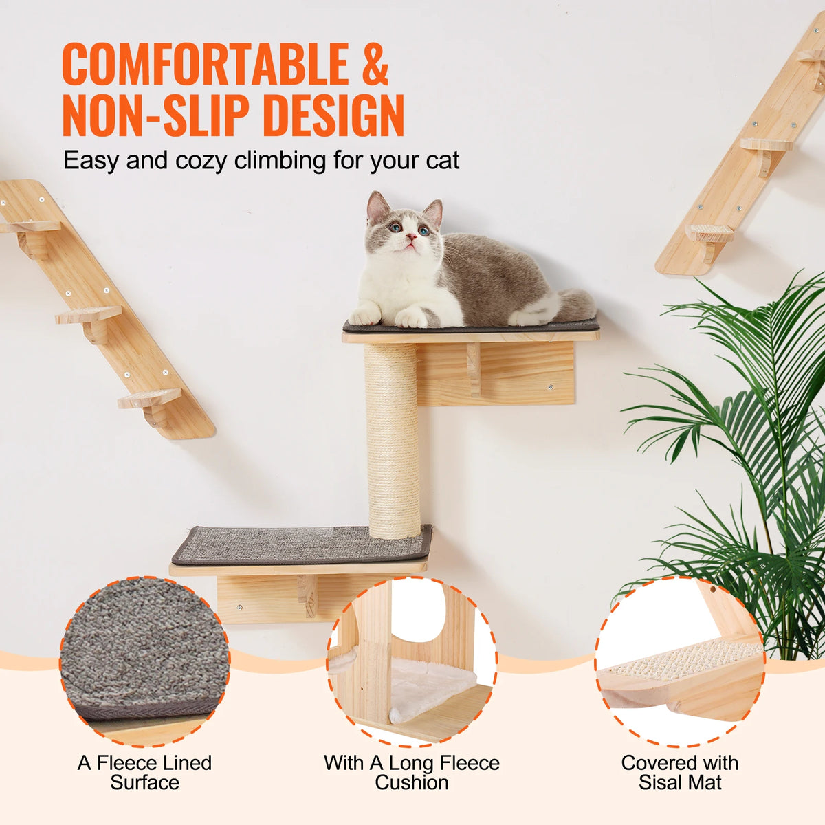 SucceBuy Wall Mounted Cat Shelves With Wooden Hammock And Jumping Board