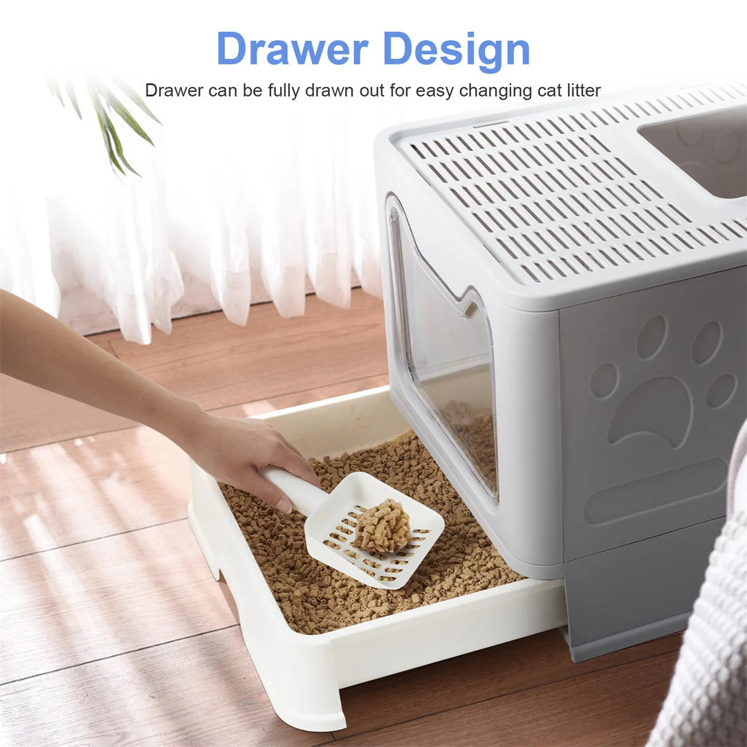 Portable Foldable Enclosed Cat Litter Box With Scoop Drawer