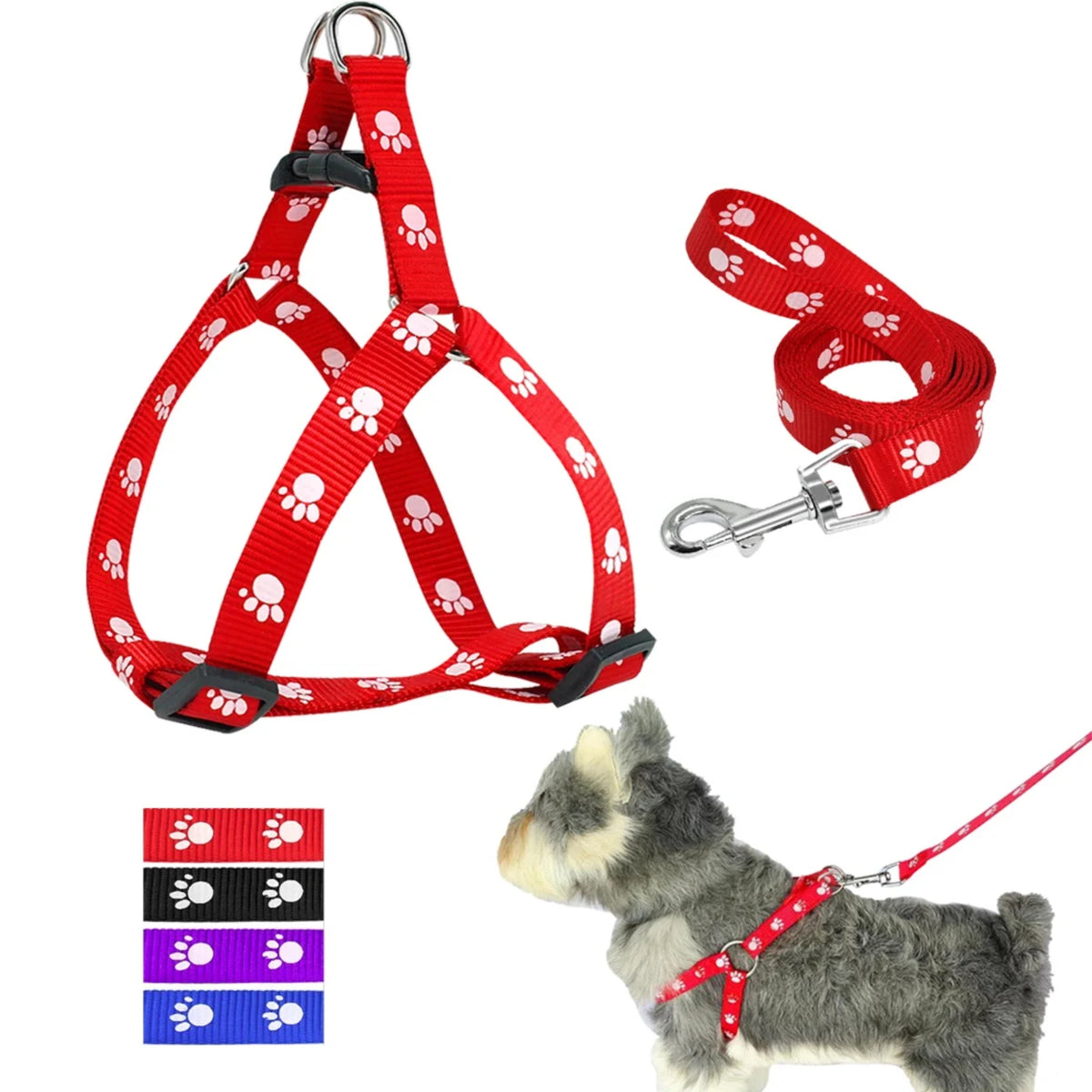 Adjustable Nylon Dog Harness And Leash Set With Paw Print