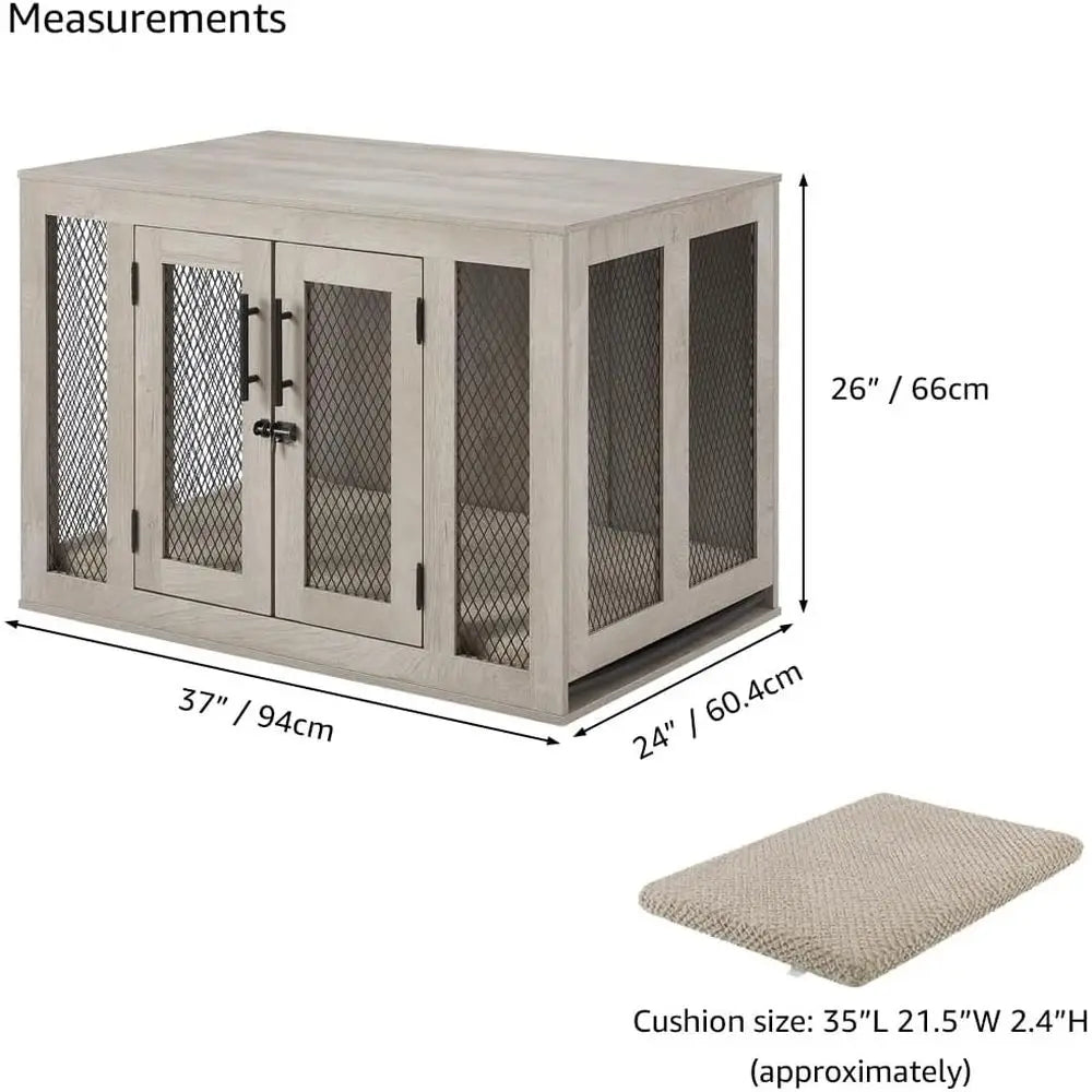 Stylish Wooden Dog Crate With Comfortable Cushion And Ventilated Tray