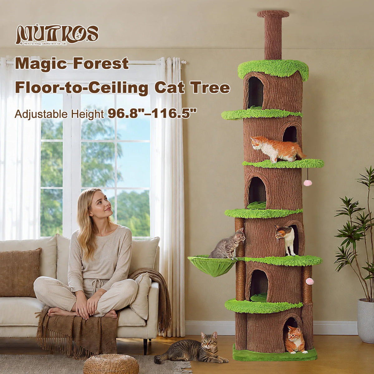 PAWZ Road Adjustable Floor To Ceiling Cat Tree With Hammock