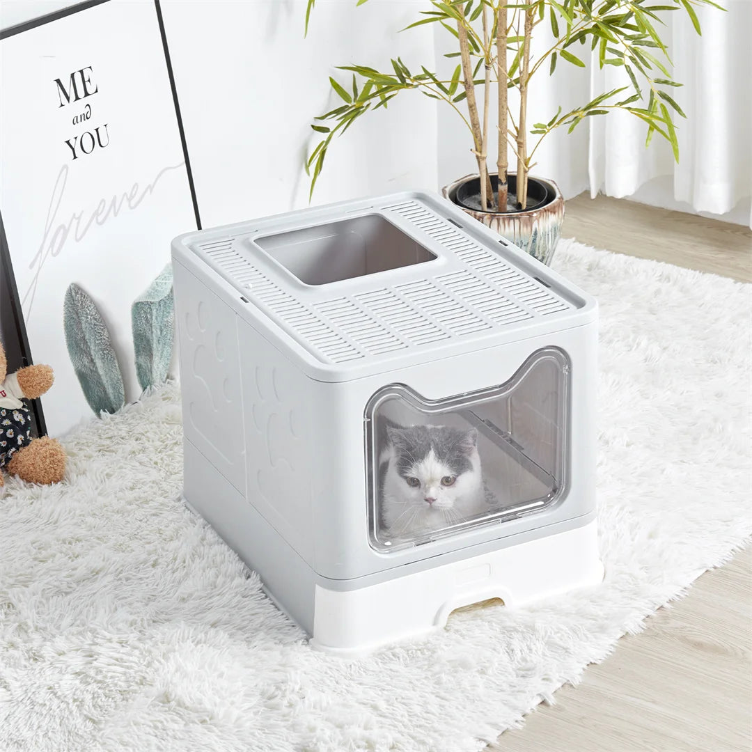 Portable Foldable Enclosed Cat Litter Box With Scoop Drawer