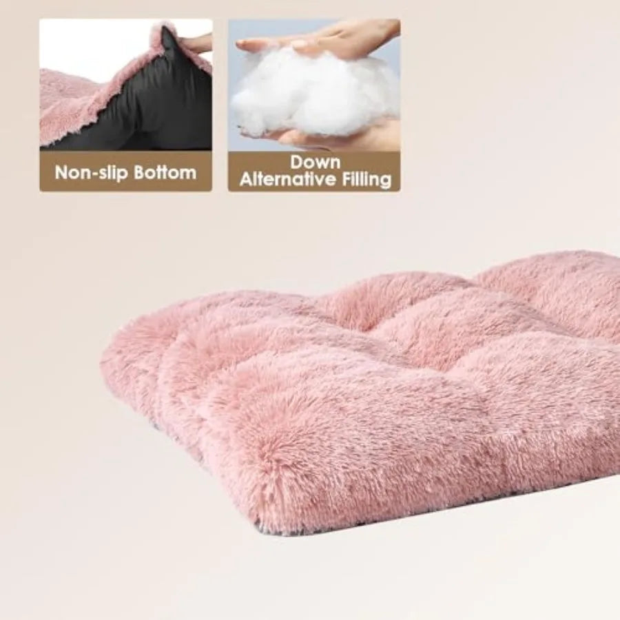 Plush Faux Fur Dog Crate Bed With Washable Soft Cushion