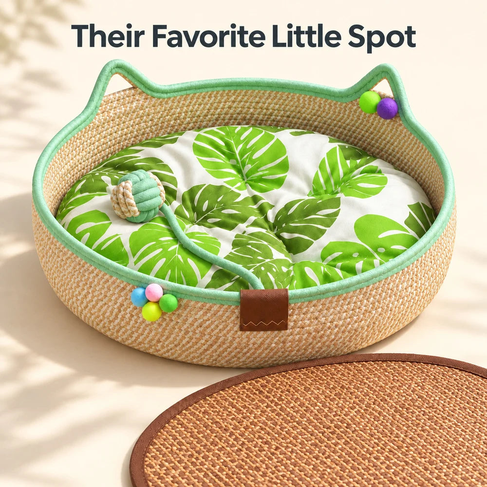 Woven Cat Bed With Cozy Ear Design For Indoor Cats