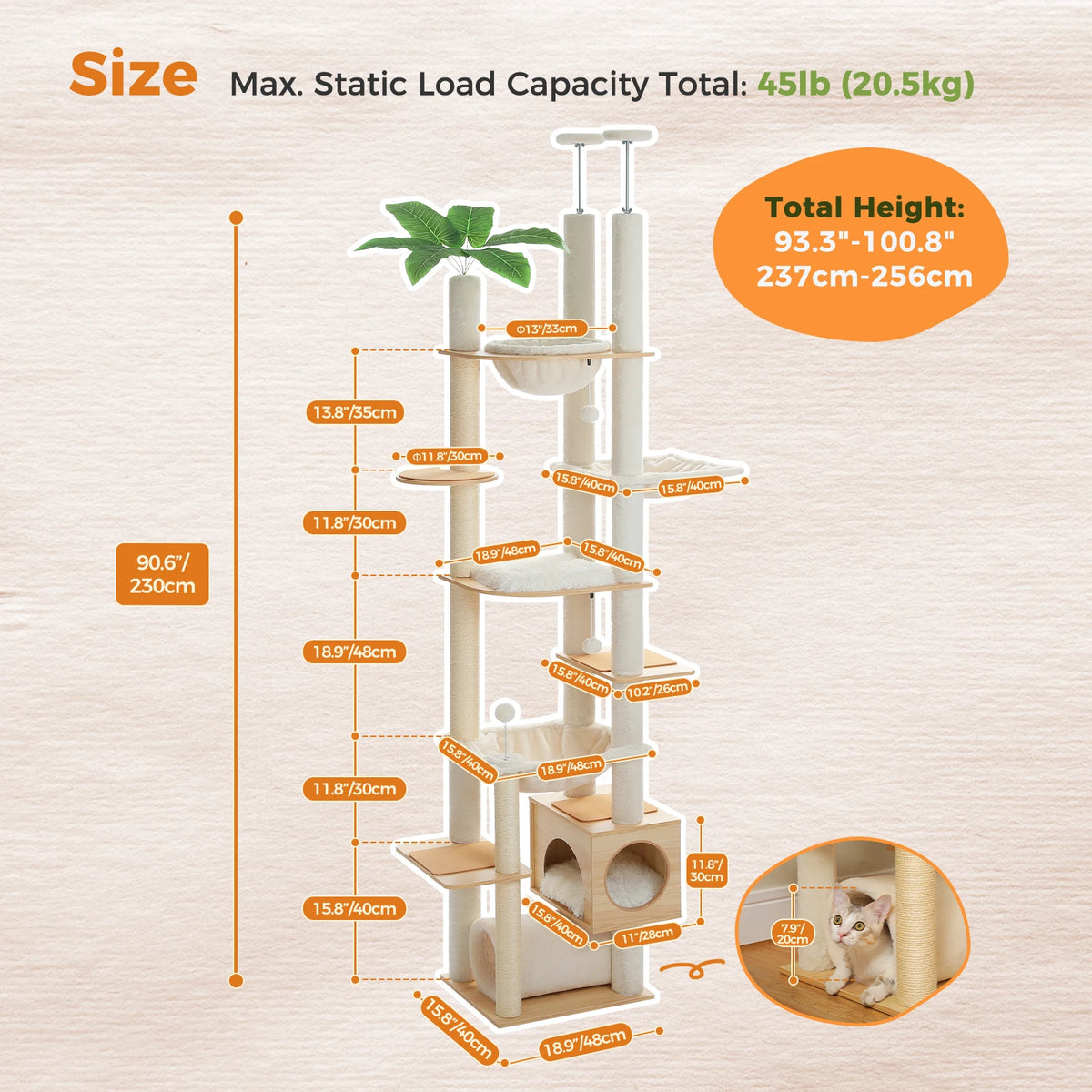 PawZ Road Height Adjustable Cat Tower With Sisal Scratching Posts