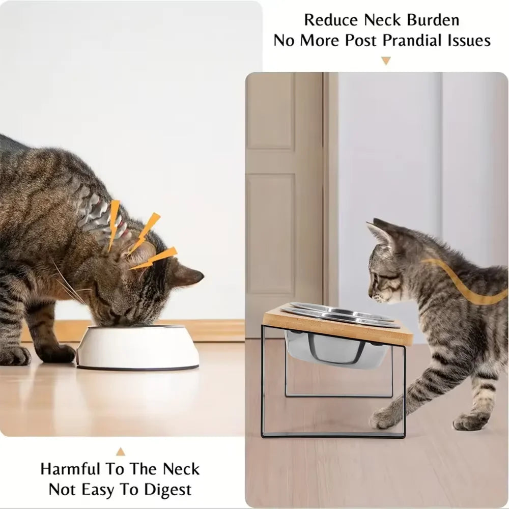 Elevated Tilted Cat Bowl Wooden Stand Stainless Steel Basin