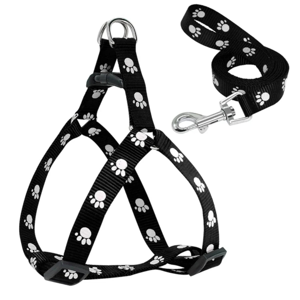 Adjustable Nylon Dog Harness And Leash Set With Paw Print