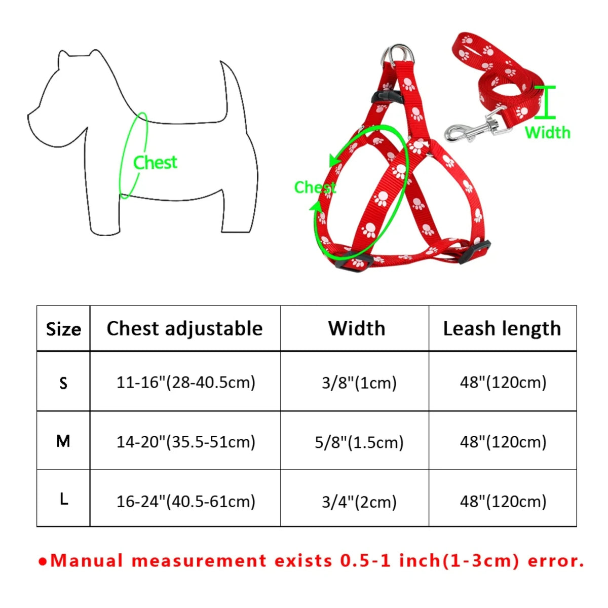 Adjustable Nylon Dog Harness And Leash Set With Paw Print