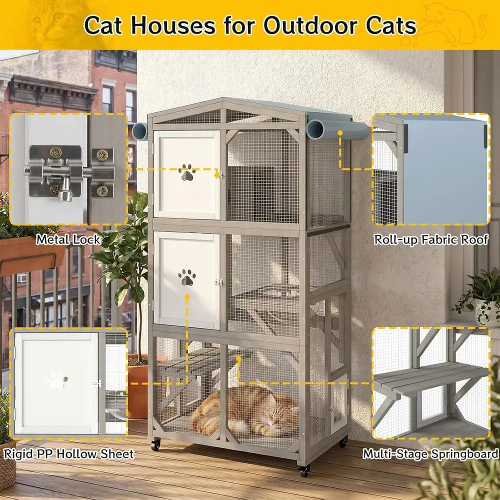 Weather Resistant Outdoor Catio For Cats With Clear Window Panels