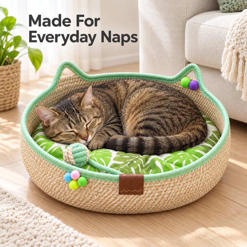 Woven Cat Bed With Cozy Ear Design For Indoor Cats