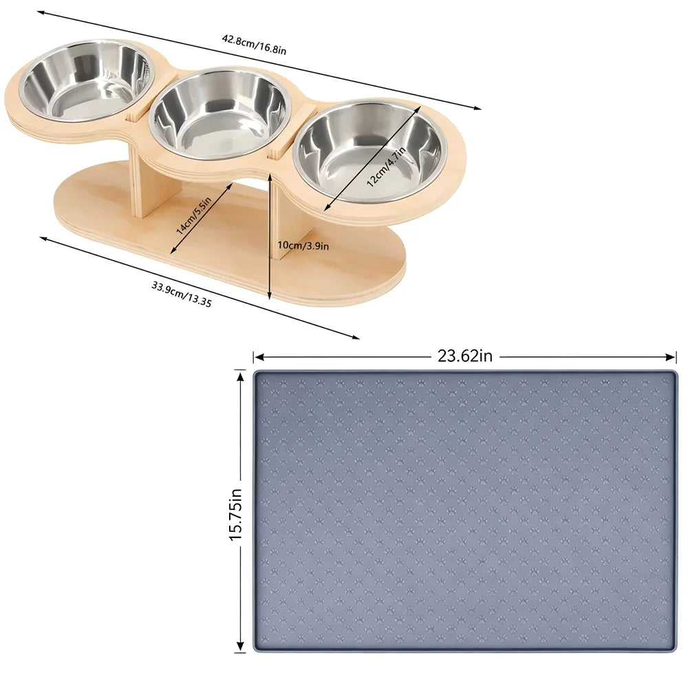 Raised Cat Feeder With Three Stainless Steel Bowls And Silicone Mat