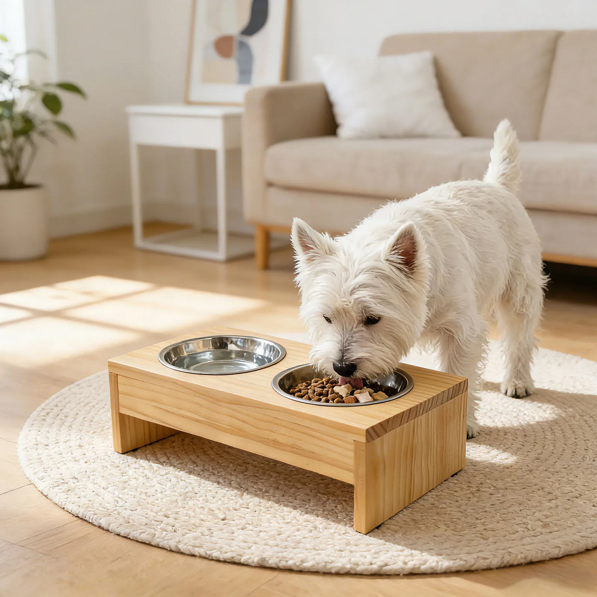 Wooden Elevated Dog Feeder With Dual Stainless Steel Bowls