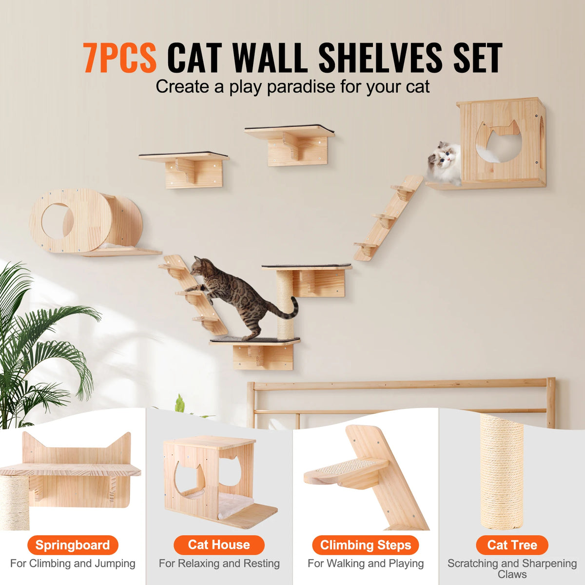 SucceBuy Wall Mounted Cat Shelves With Wooden Hammock And Jumping Board